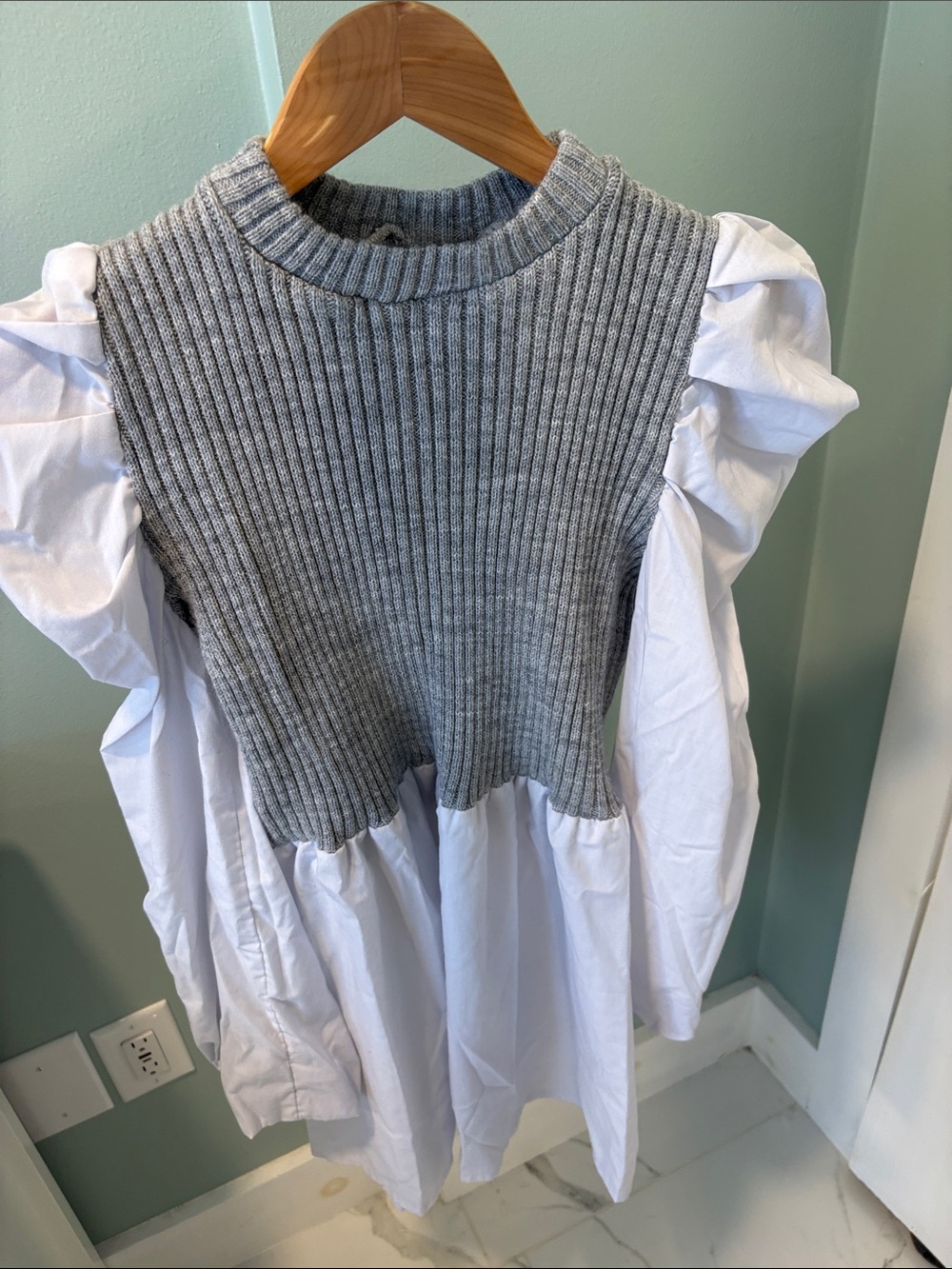 Gray Ribbed Knit Bodice White Puff Sleeve Dress
